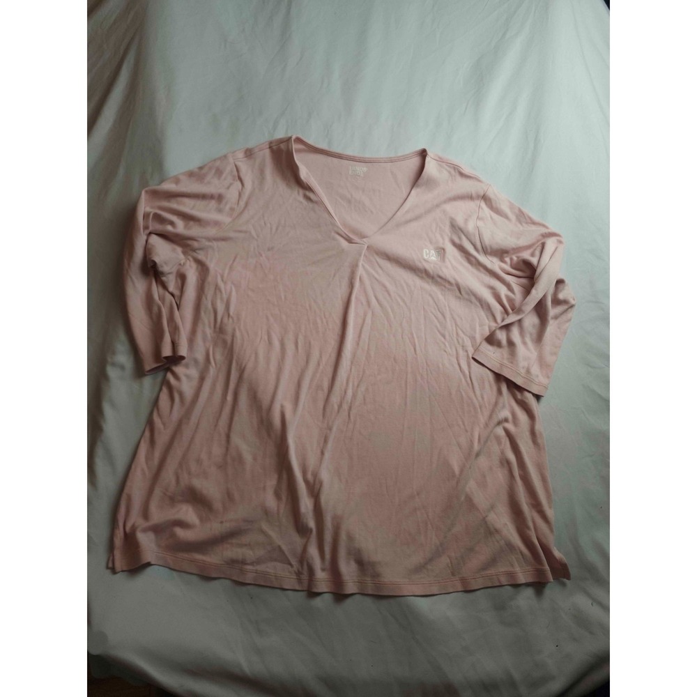 Lands End Shirt Womens 1X Pink Knit CAT‎ Logo Casual Tunic Blouse Top V Neck